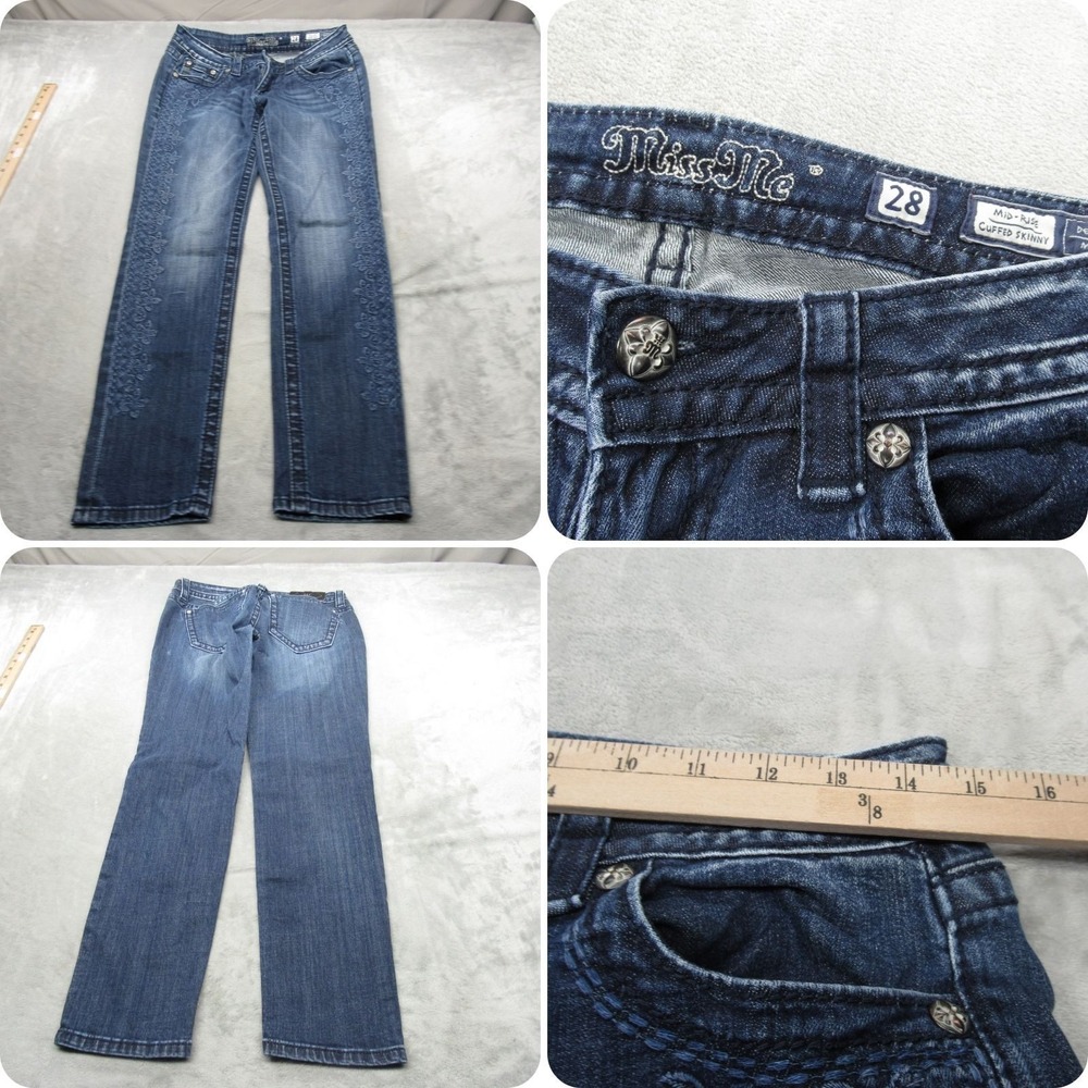 Miss Me Jeans Womens 28 Blue Floral Embroidery Mid Rise Cuffed Skinny 29x29